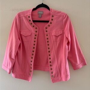 Chico's Pink Open Crop Cardigan with Gold Button Grommet Details